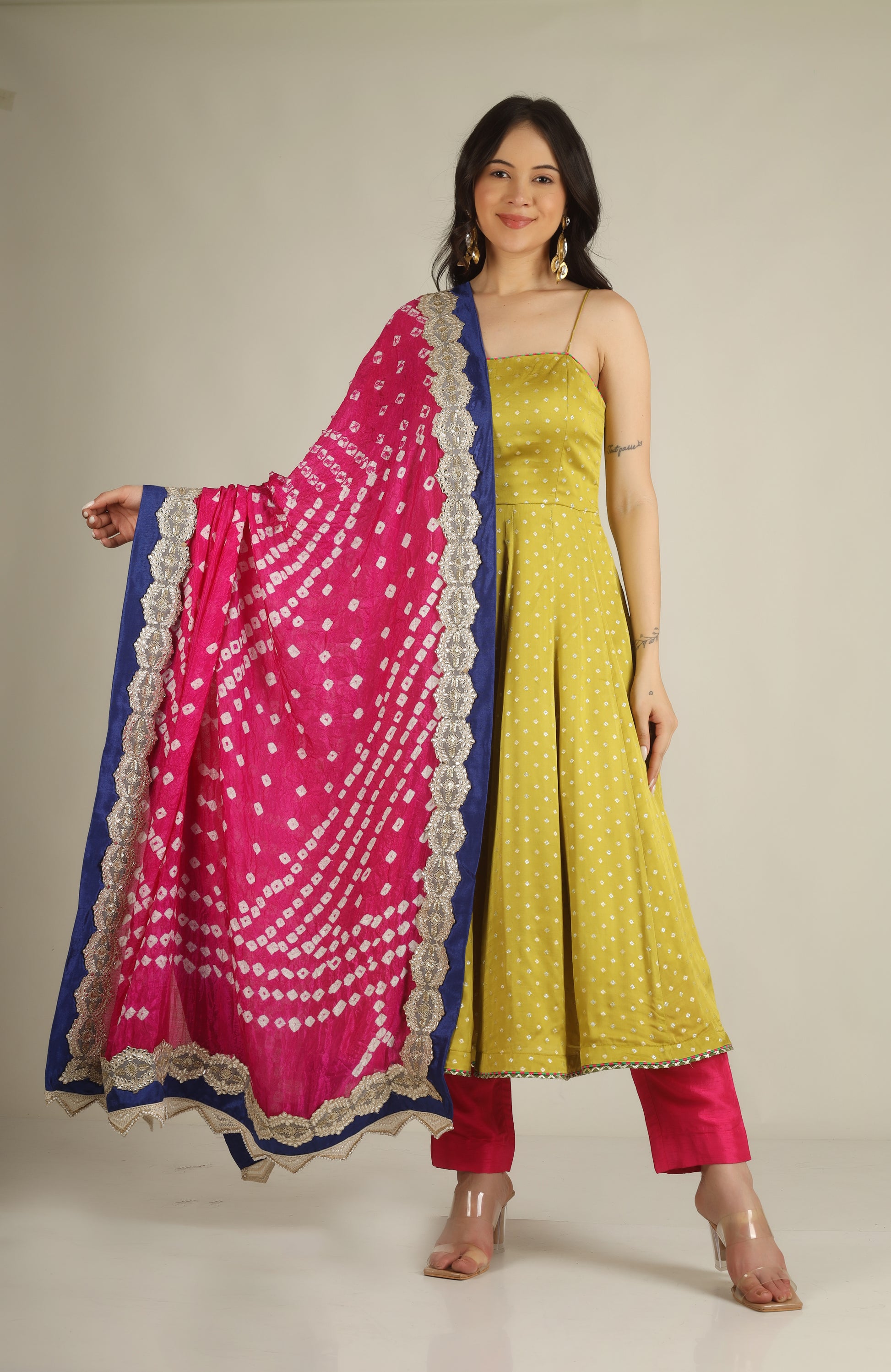 Women's Dola silk Lime green Anarkali suit/ suit sets