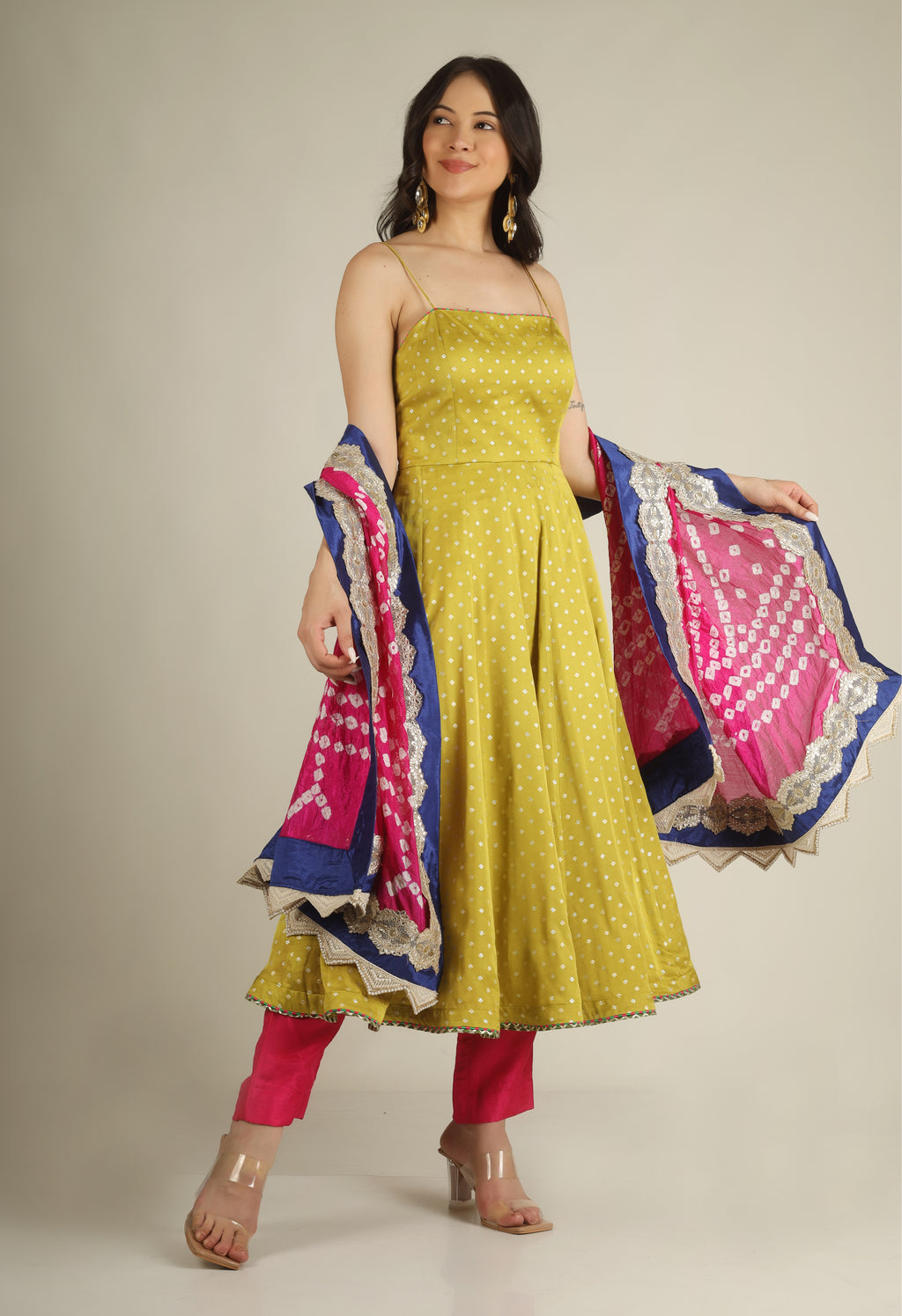 Women's Dola silk Lime green Anarkali suit/ suit sets