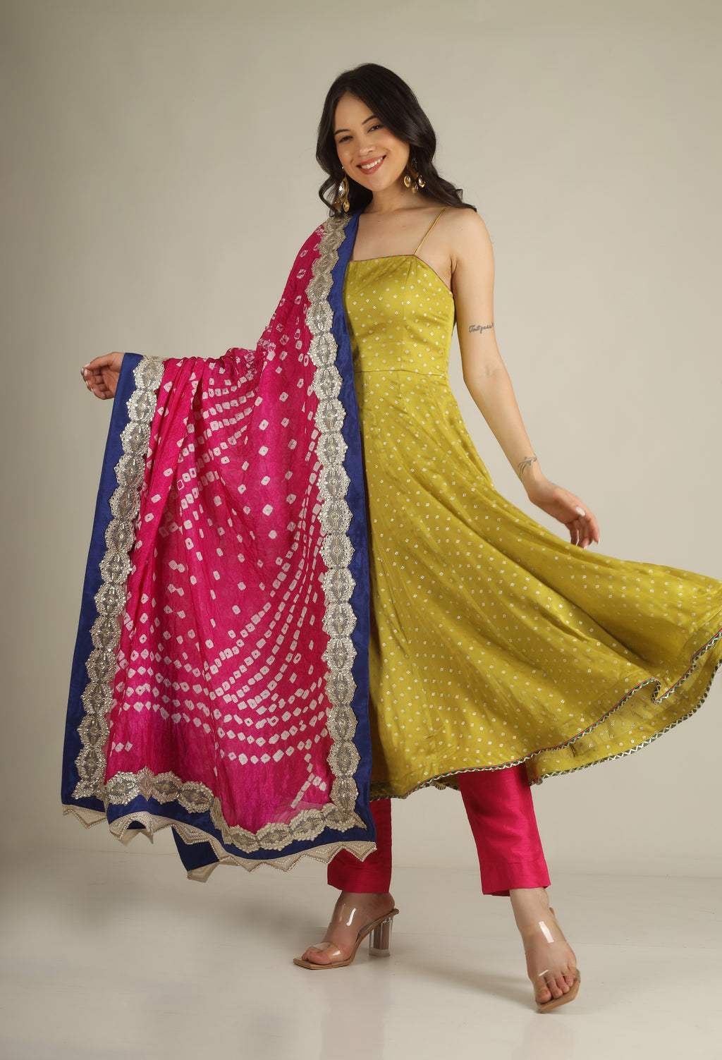 Women's Dola silk Lime green Anarkali suit/ suit sets