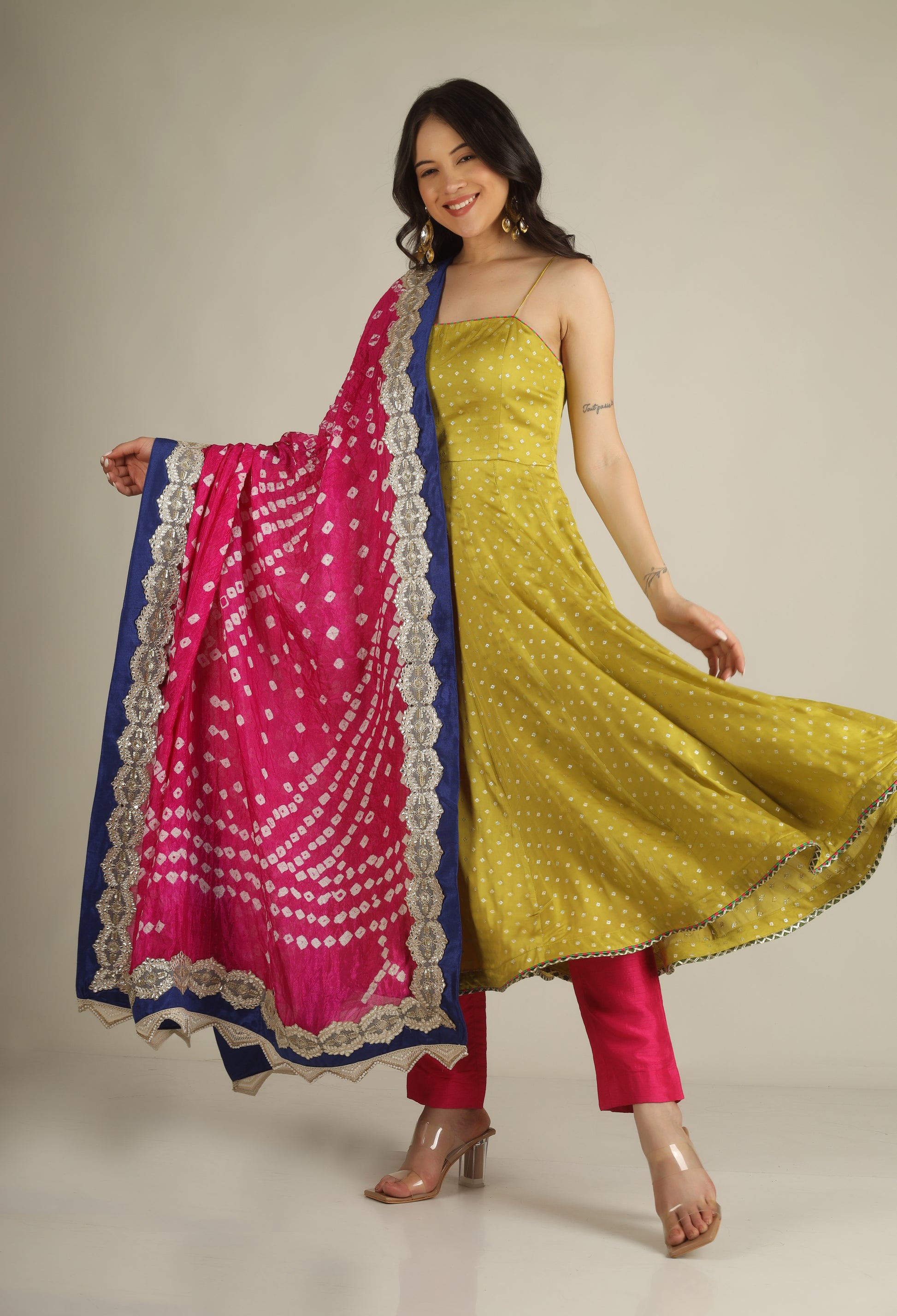 Women's Dola silk Lime green Anarkali suit/ suit sets