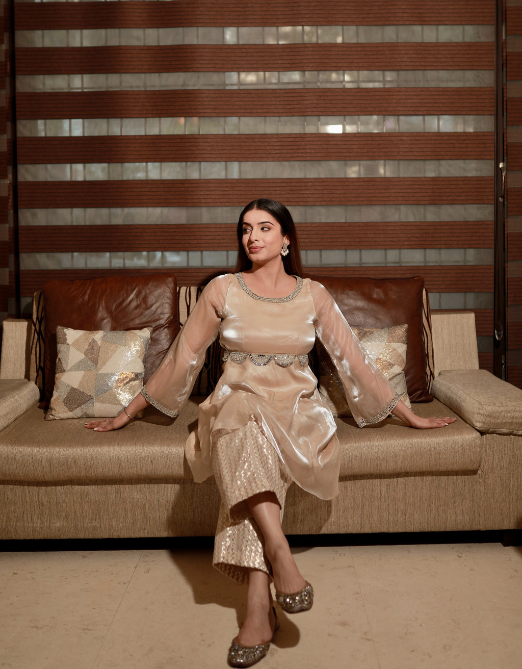 Women's Organza tissue Golden beige Suit sets/ co-ord sets