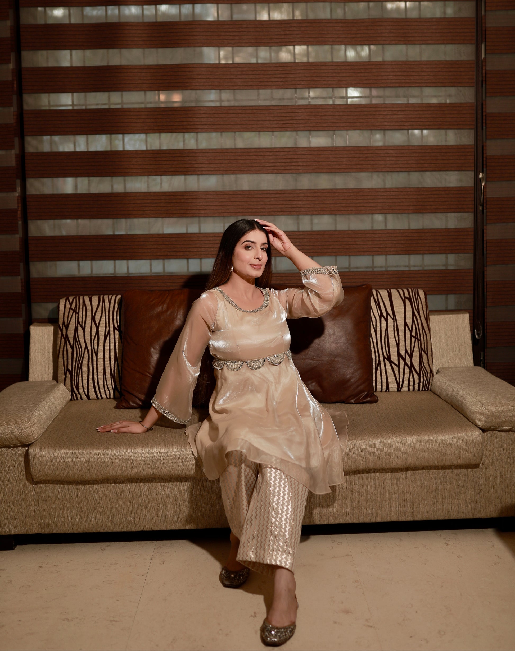 Women's Organza tissue Golden beige Suit sets/ co-ord sets