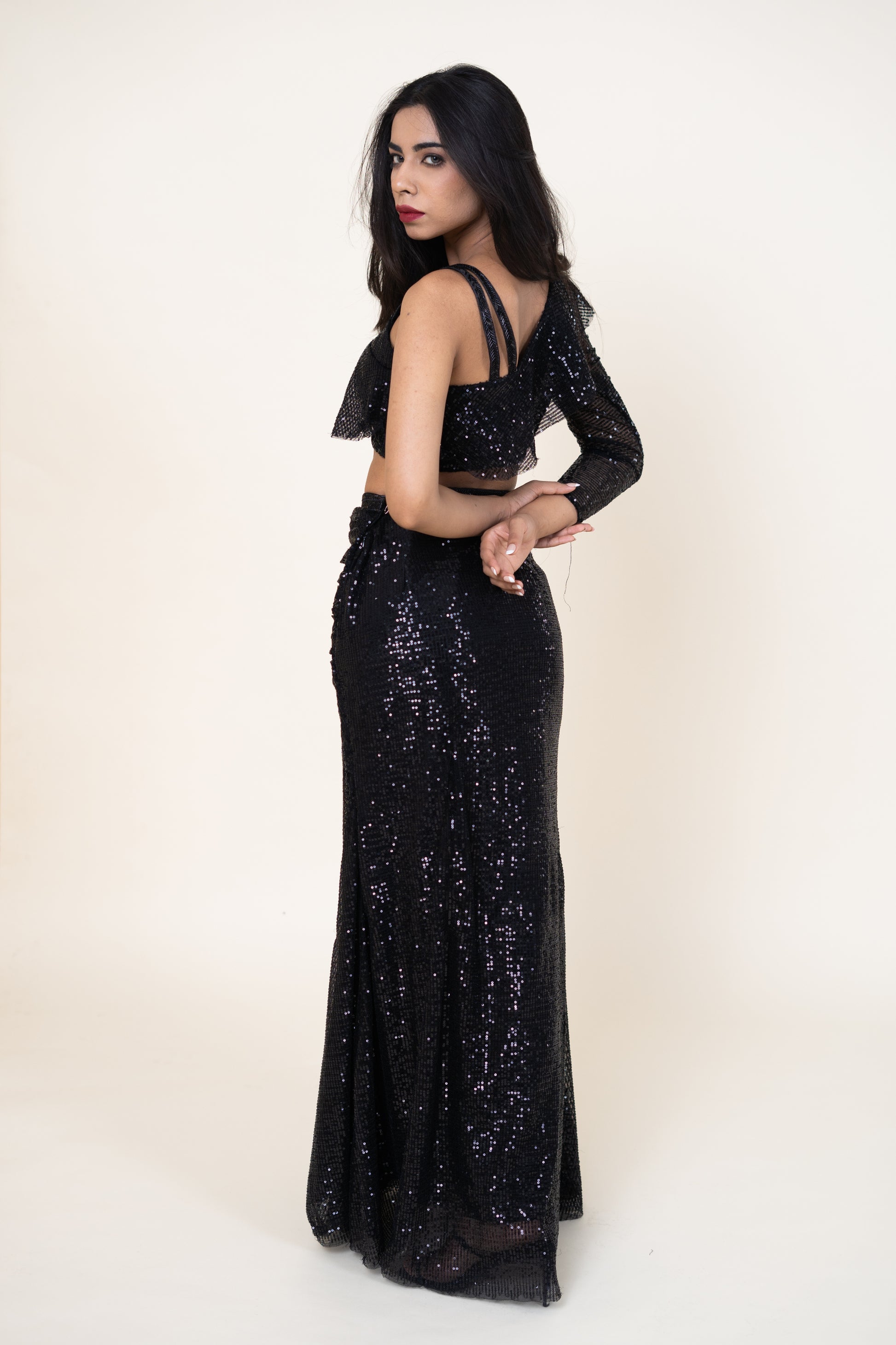 Women's Sequin Lycra Black Indo-western/ Co-ord set