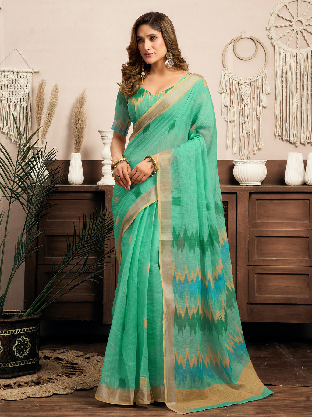 Women Teal Green Linen Ikkat Saree