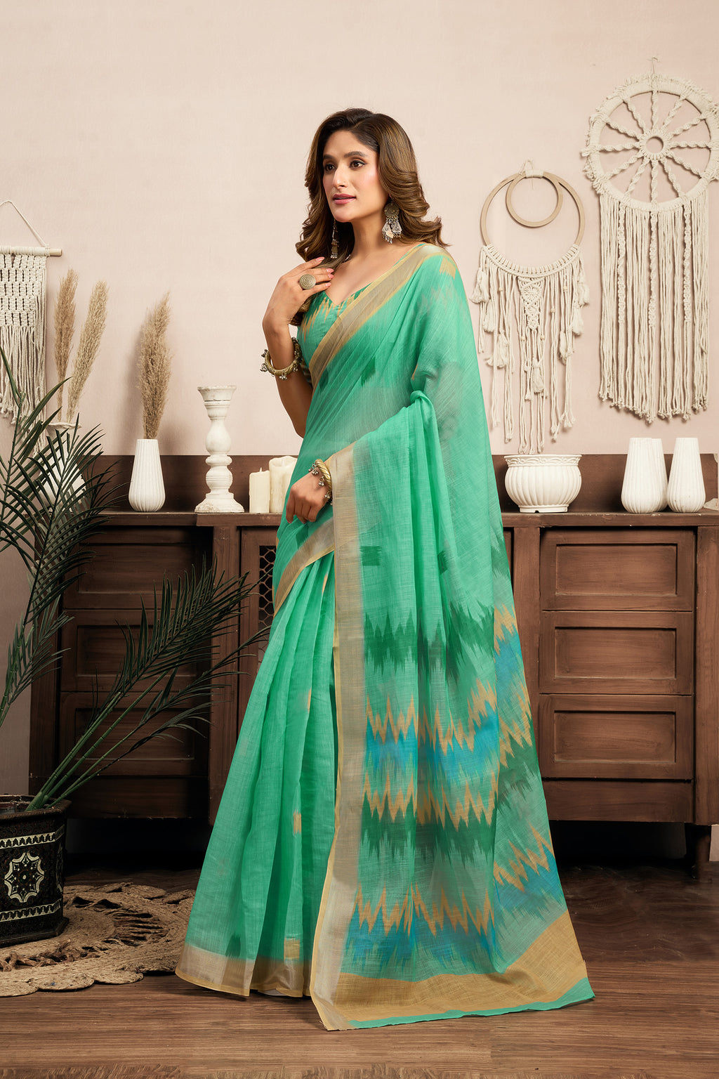 Women Teal Green Linen Ikkat Saree