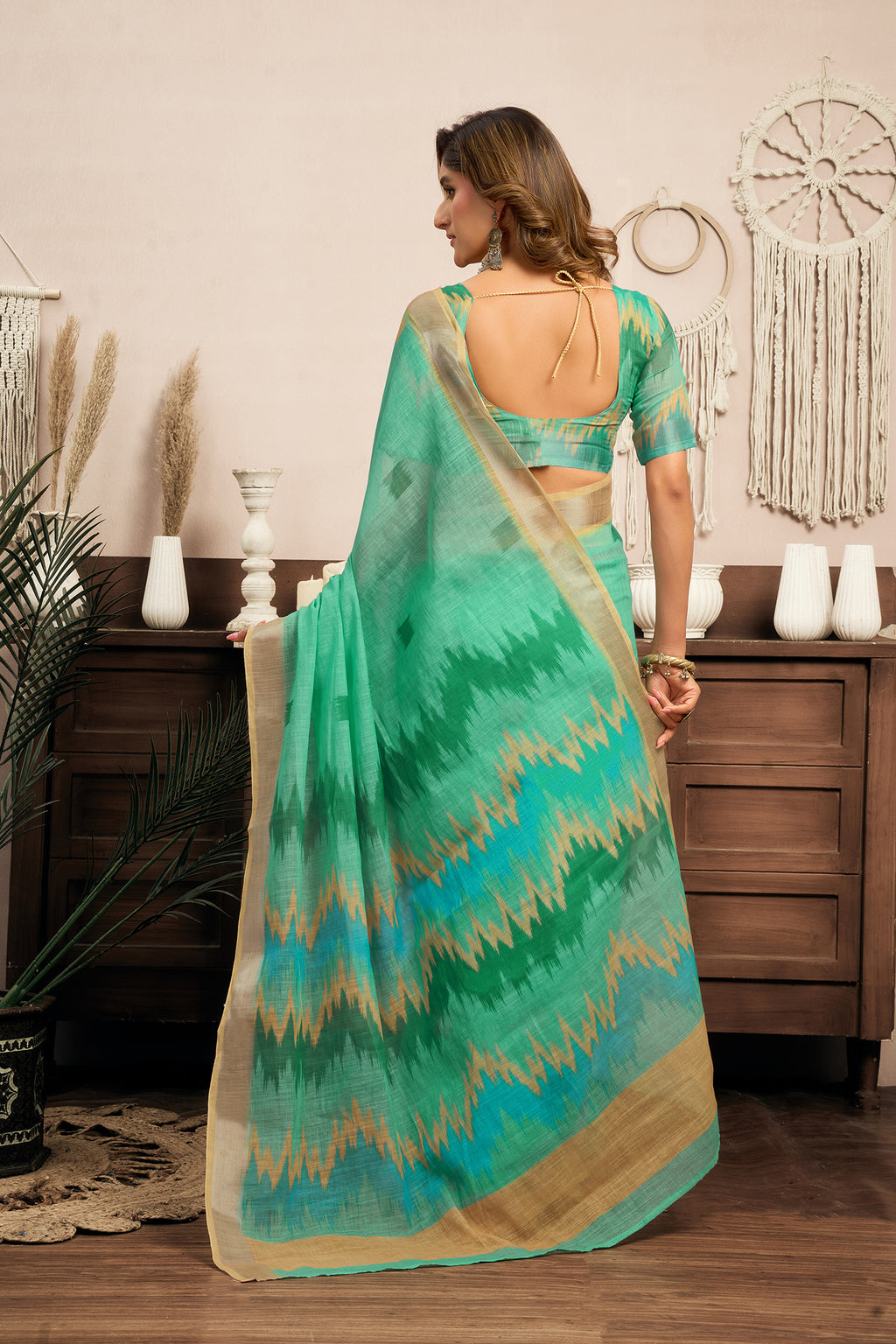 Women Teal Green Linen Ikkat Saree
