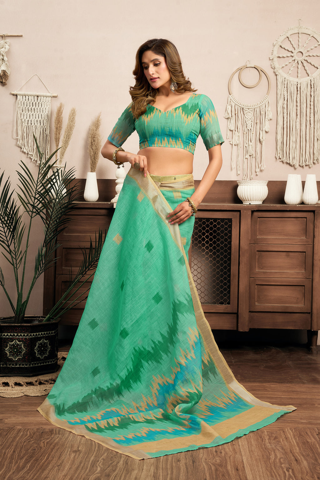 Women Teal Green Linen Ikkat Saree