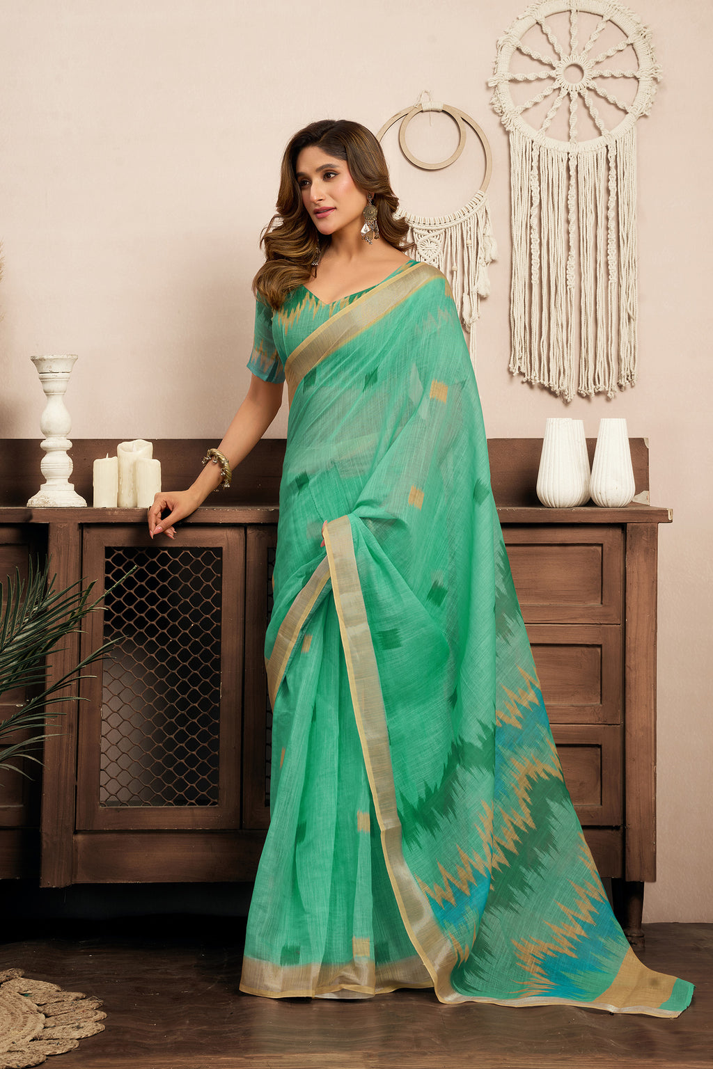 Women Teal Green Linen Ikkat Saree