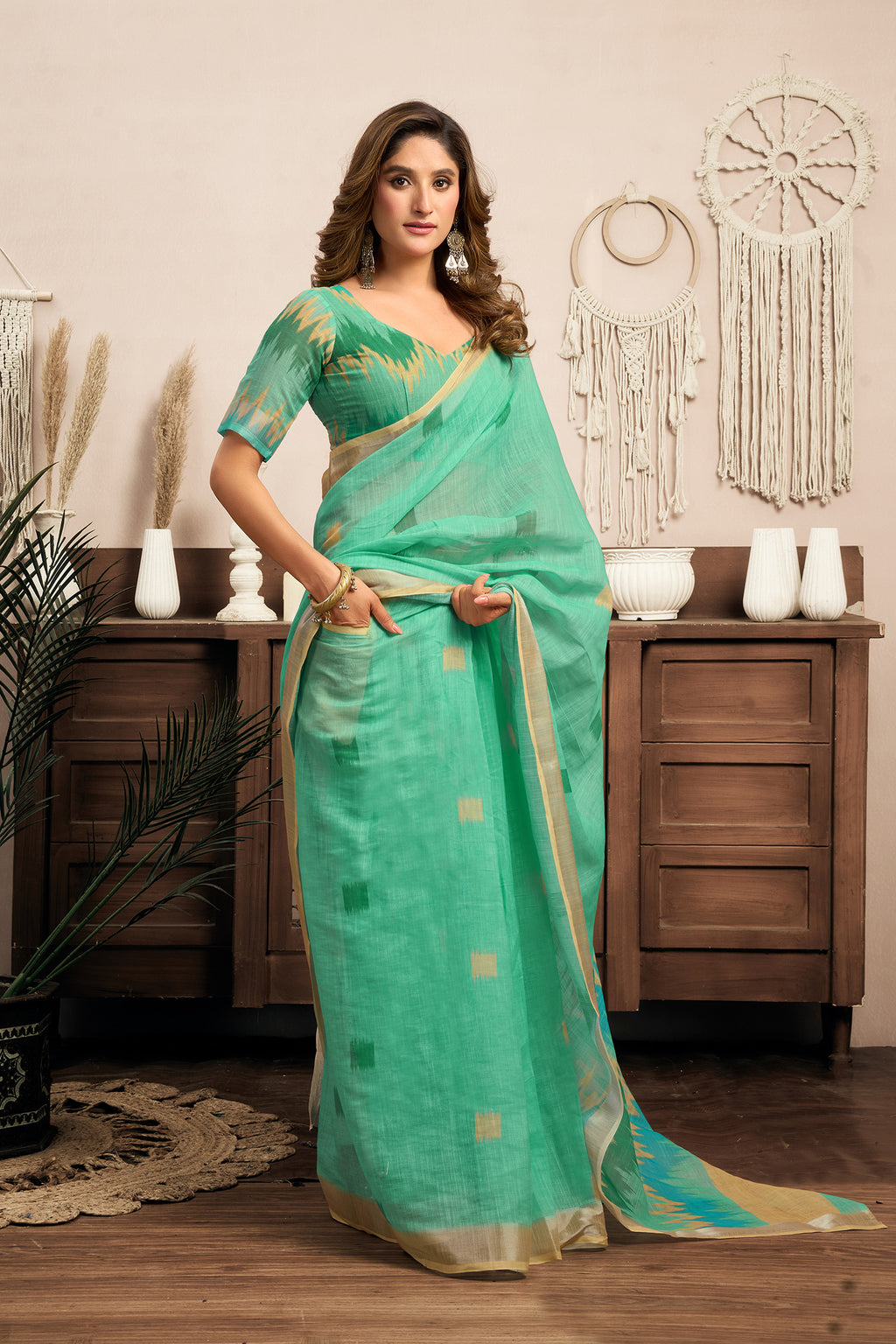 Women Teal Green Linen Ikkat Saree