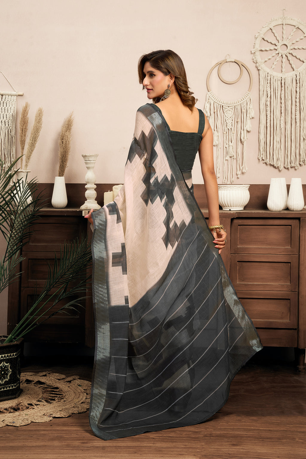 Women White & Grey Linen Ethnic Motifs Saree