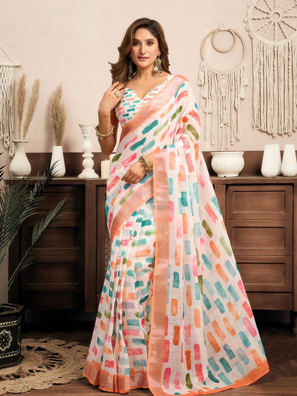 Women White Linen Color Block Saree