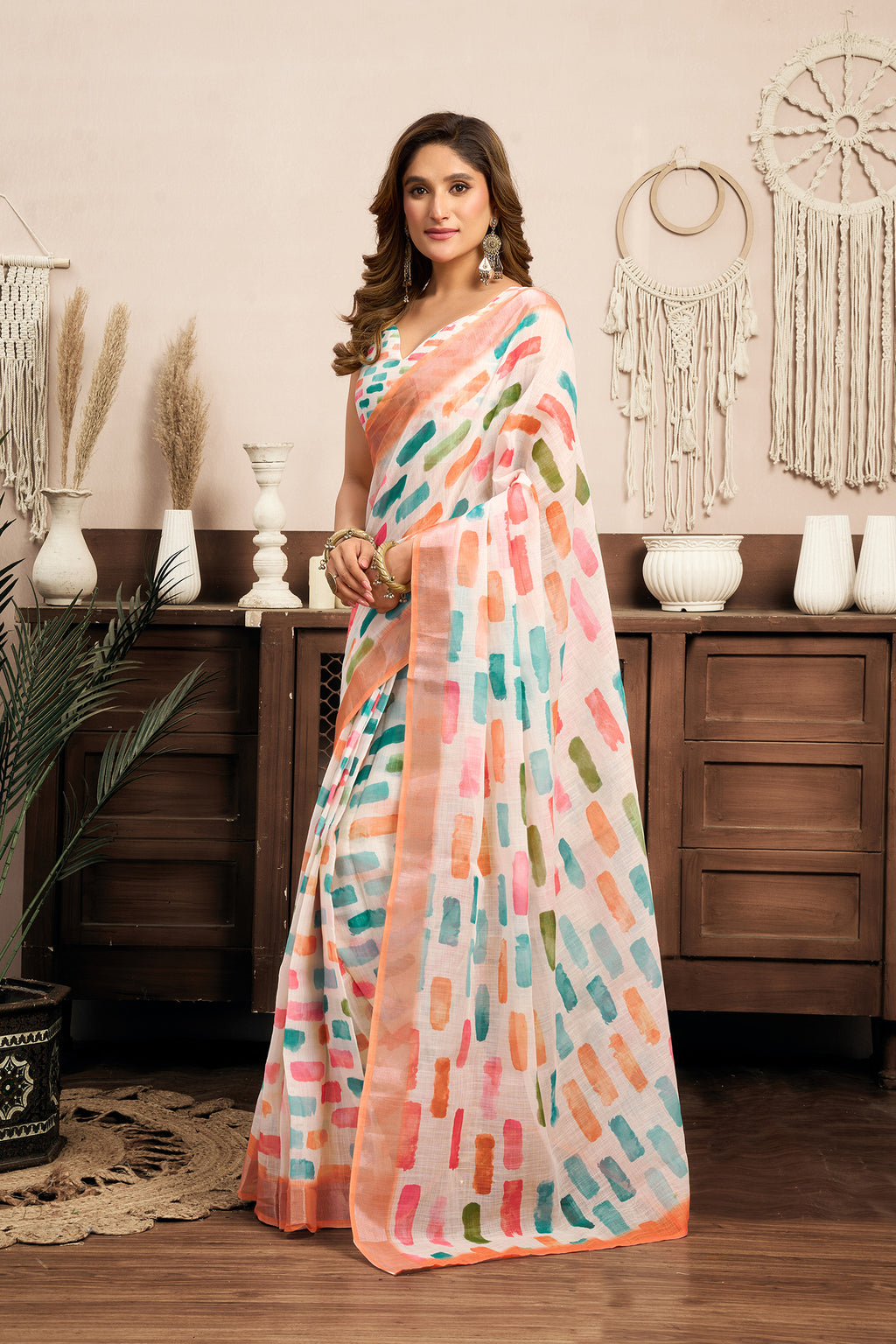 Women White Linen Color Block Saree