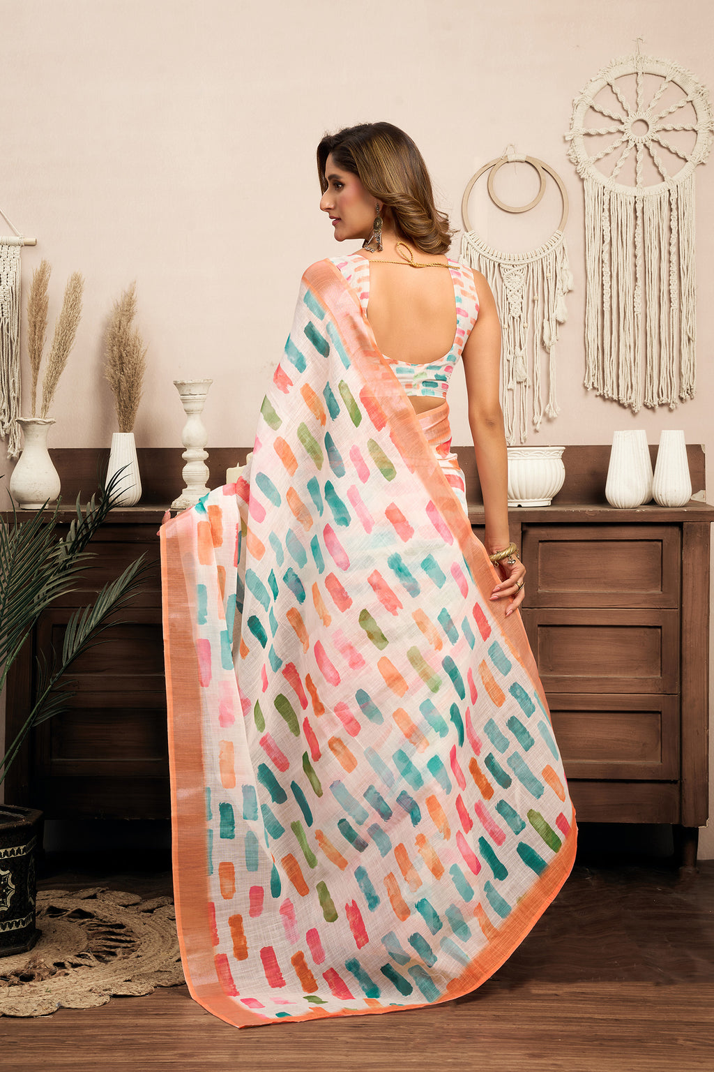 Women White Linen Color Block Saree