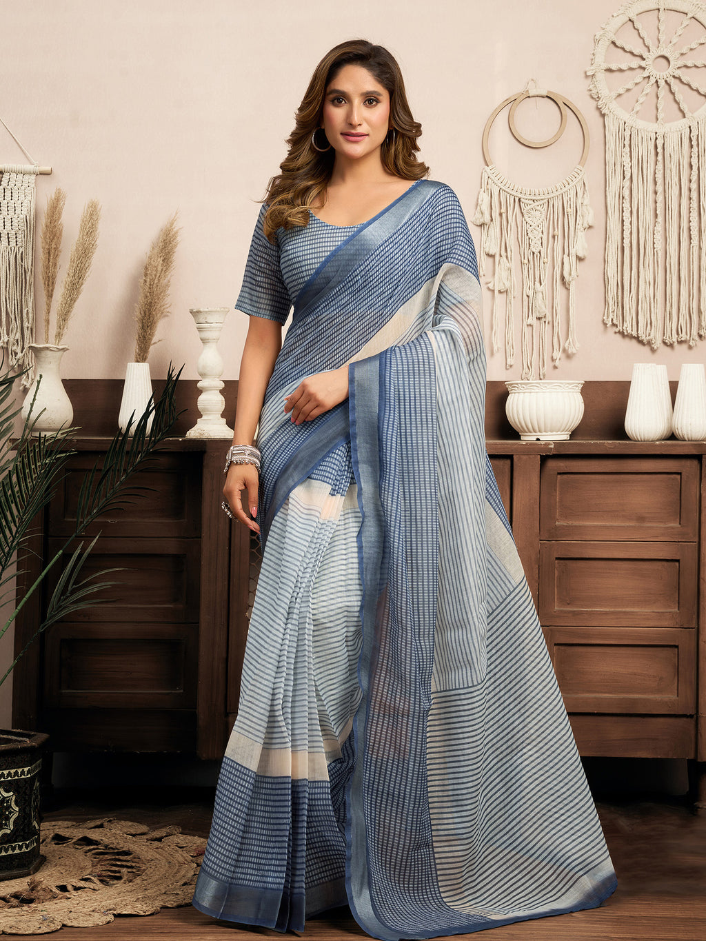 Women Cream & Blue Linen Striped Saree