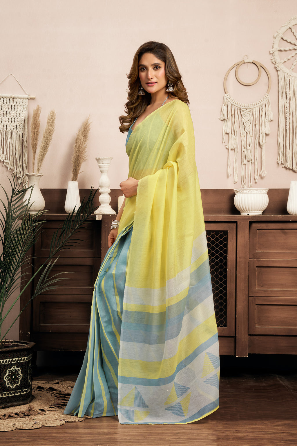 Women Bright Yellow Linen Striped & Geomatric Saree