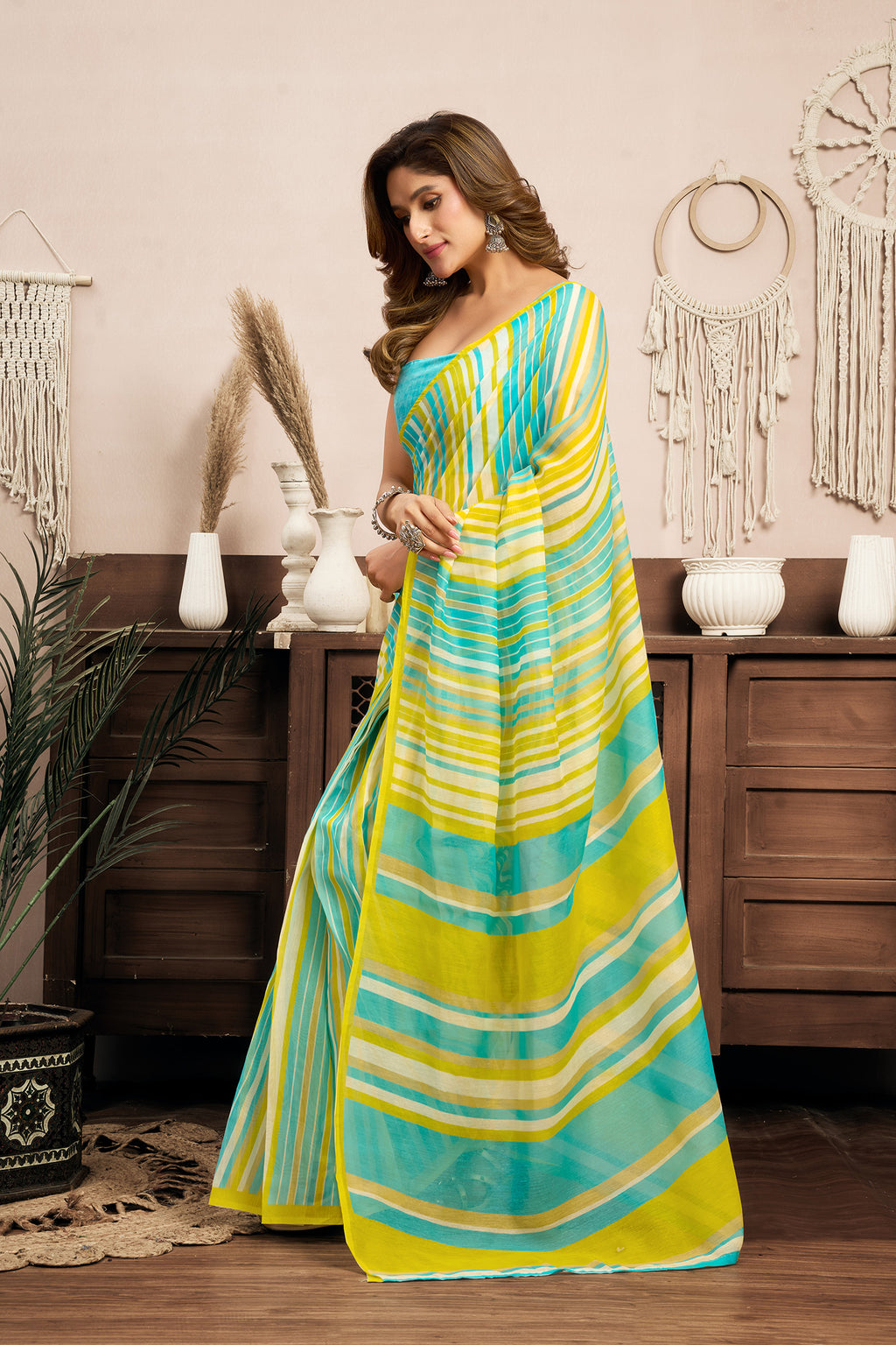 Women Yellow Linen Striped (Leheriya) Saree