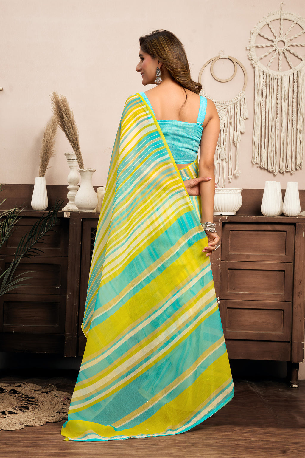 Women Yellow Linen Striped (Leheriya) Saree