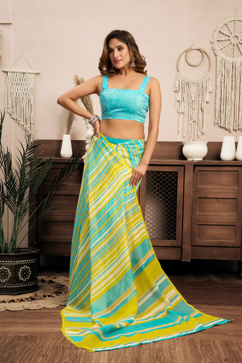 Women Yellow Linen Striped (Leheriya) Saree