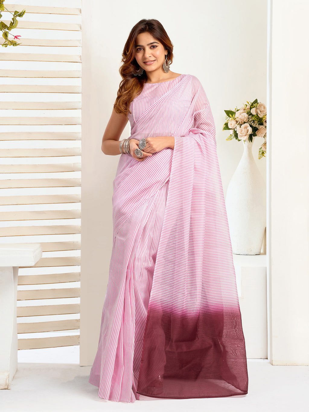 Women Light Pink  Linen Striped Saree
