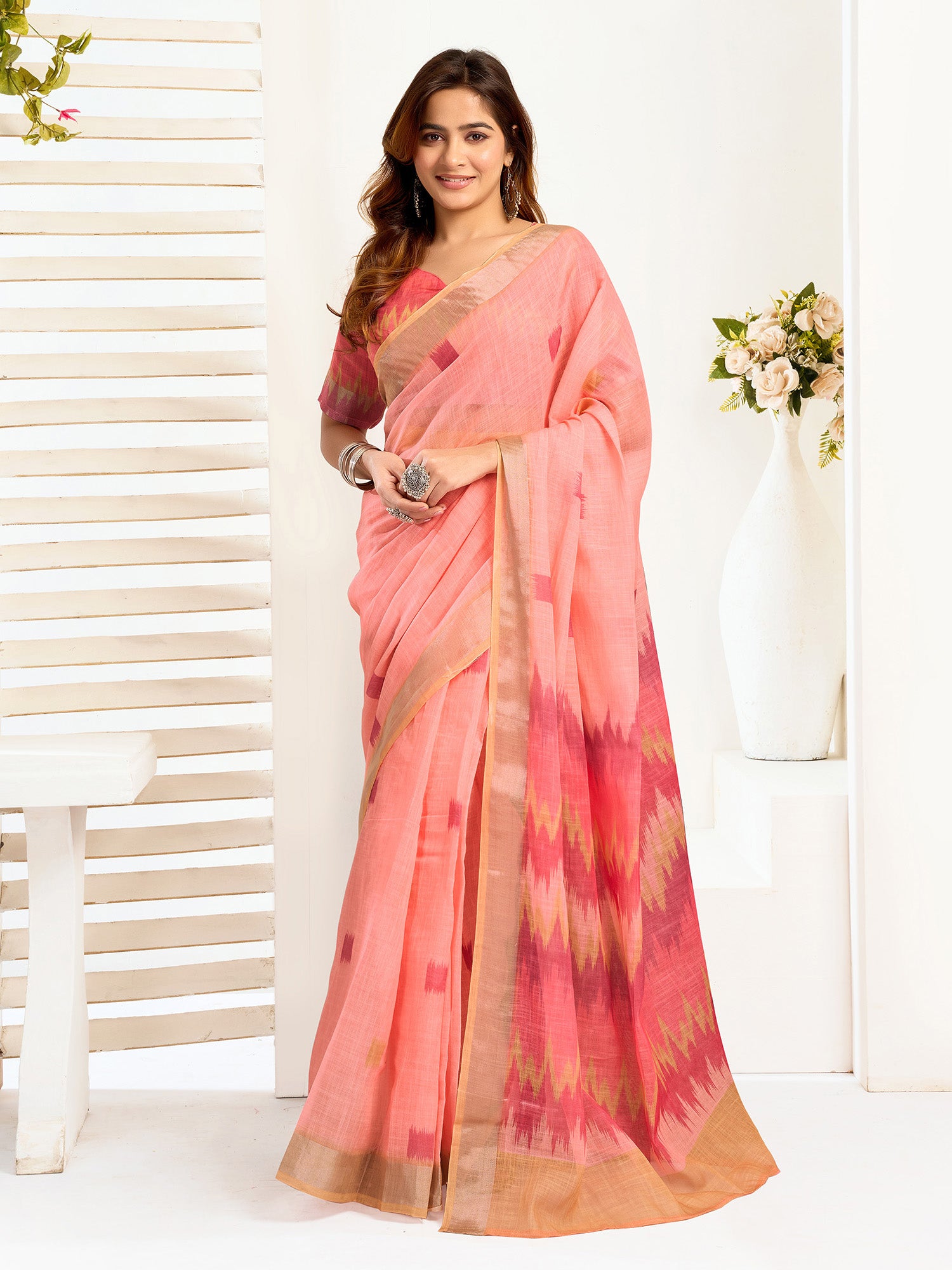 Women Peach Linen Ikkat Saree