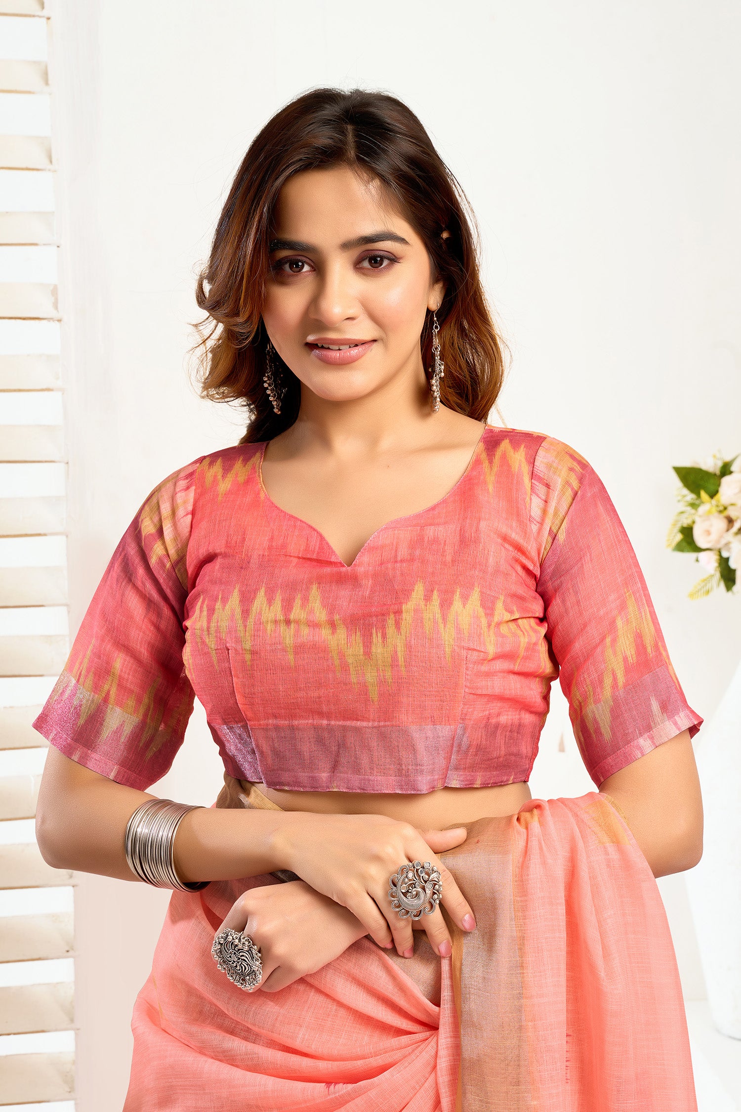 Women Peach Linen Ikkat Saree