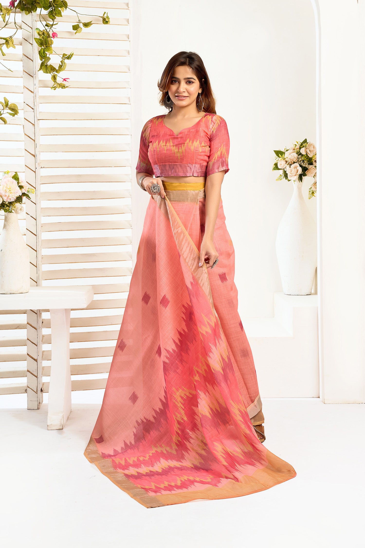 Women Peach Linen Ikkat Saree