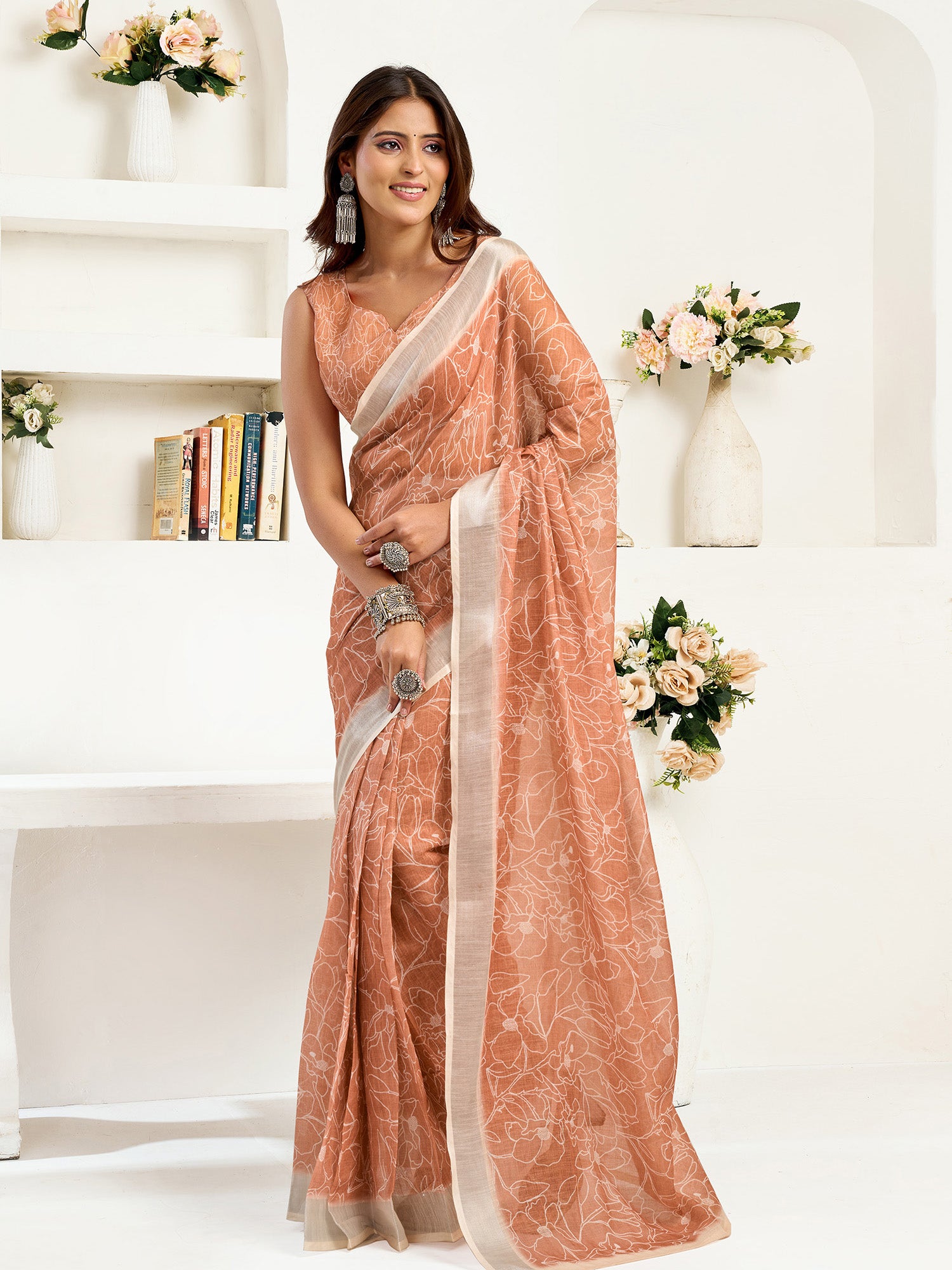 Women Rust Brown Linen Floral Saree