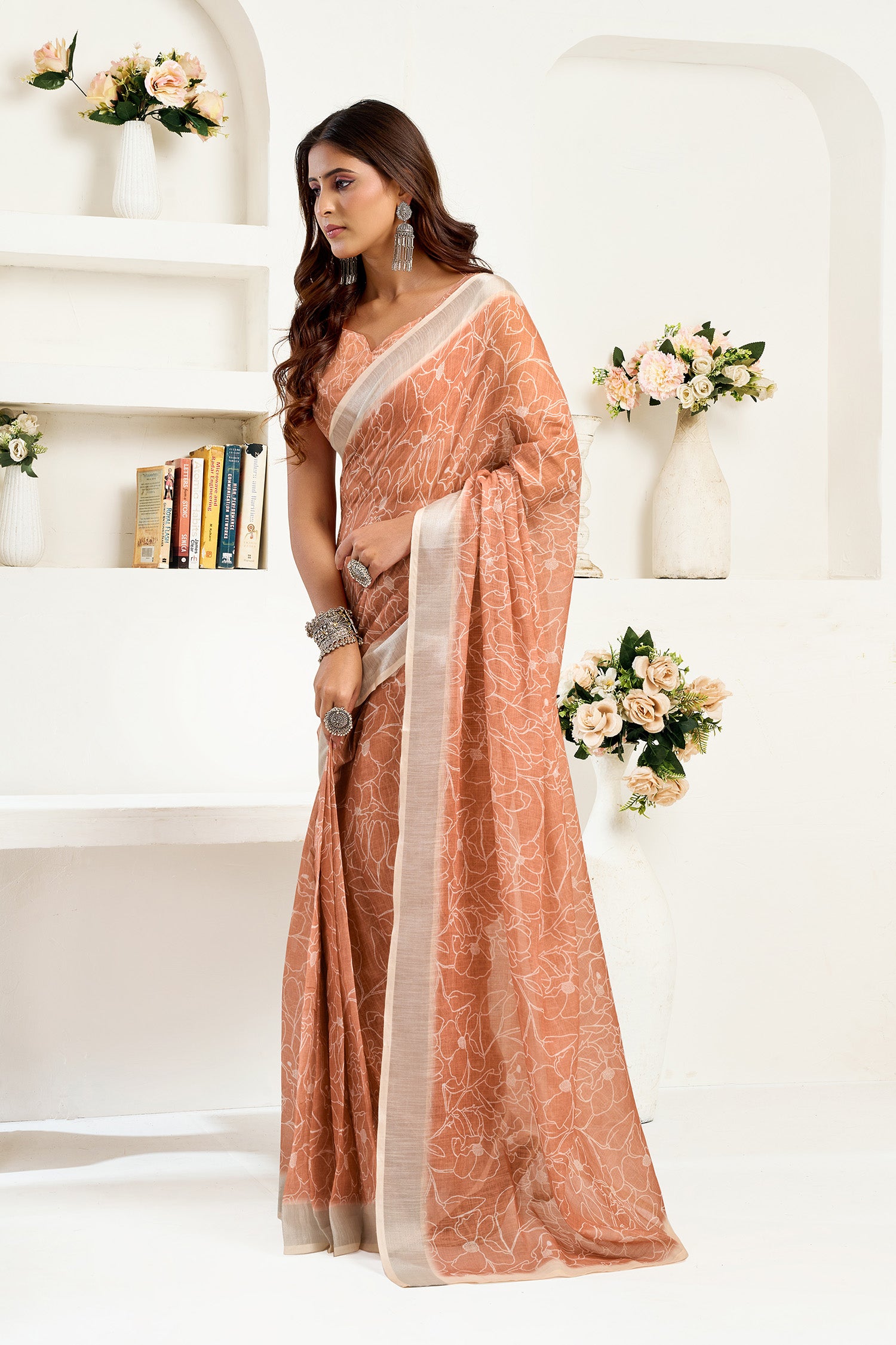 Women Rust Brown Linen Floral Saree