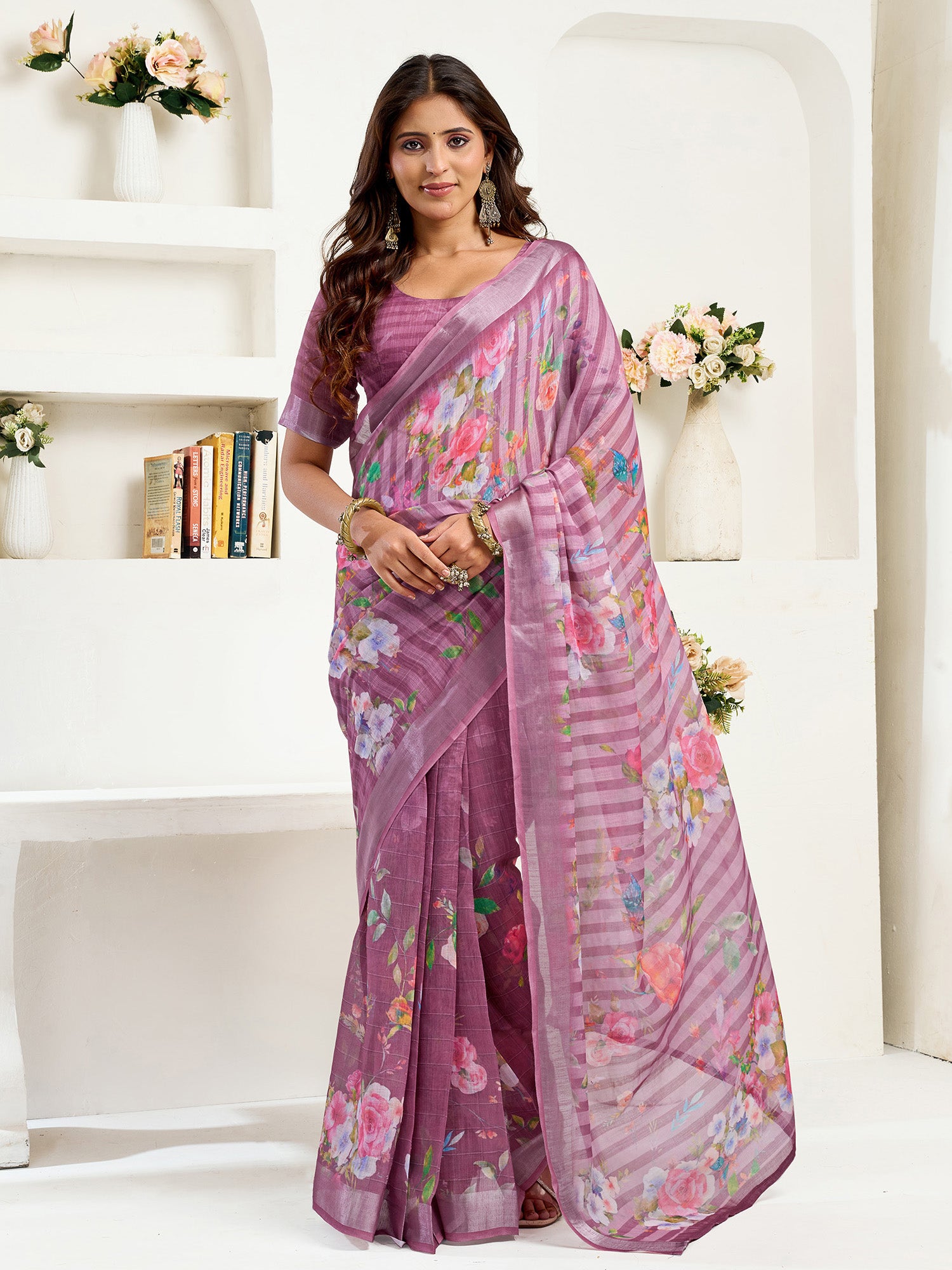 Women Dusty Wine Linen Floral & Striped Saree