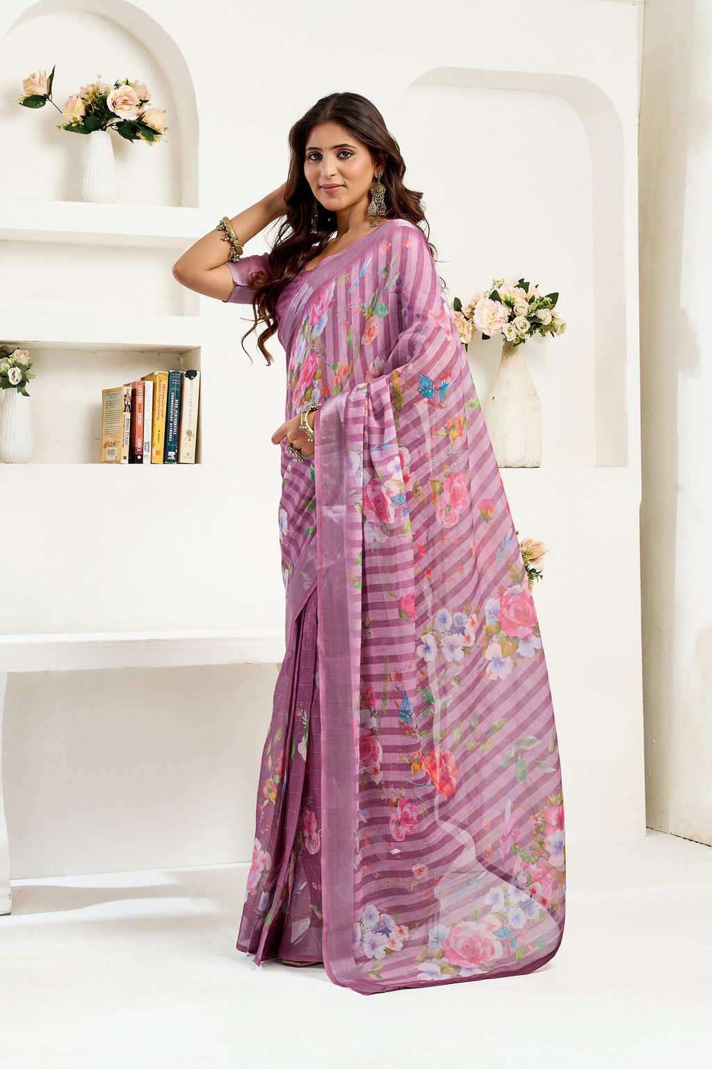 Women Dusty Wine Linen Floral & Striped Saree
