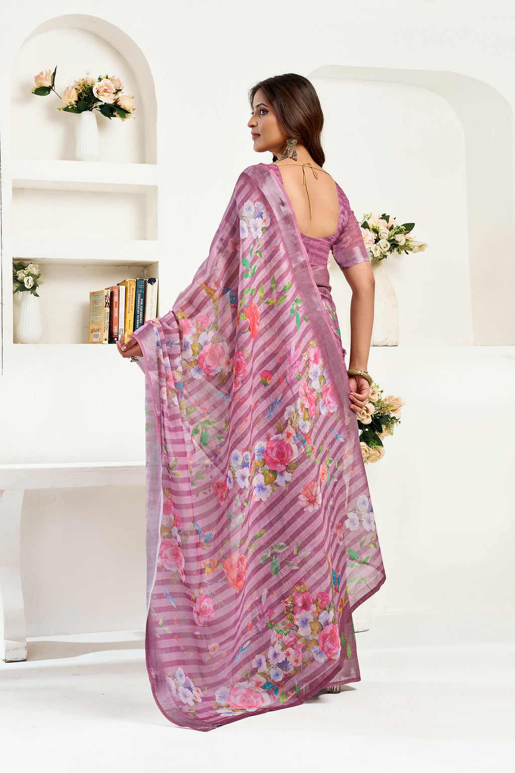 Women Dusty Wine Linen Floral & Striped Saree