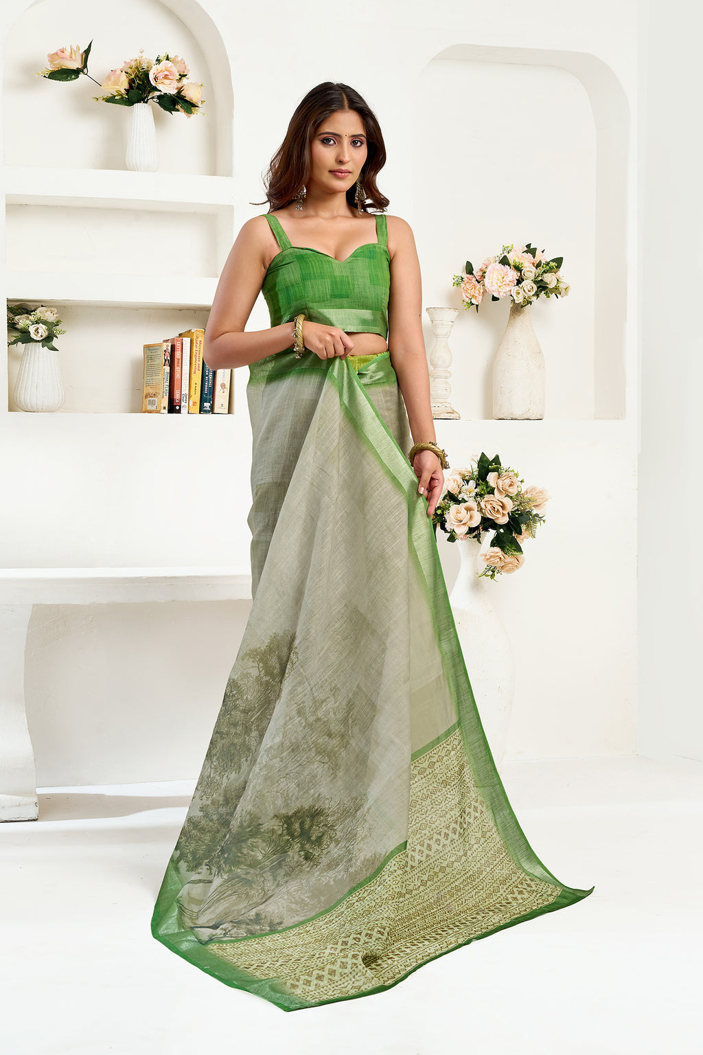Women Green Linen Floral & Ethnic Motifs Saree
