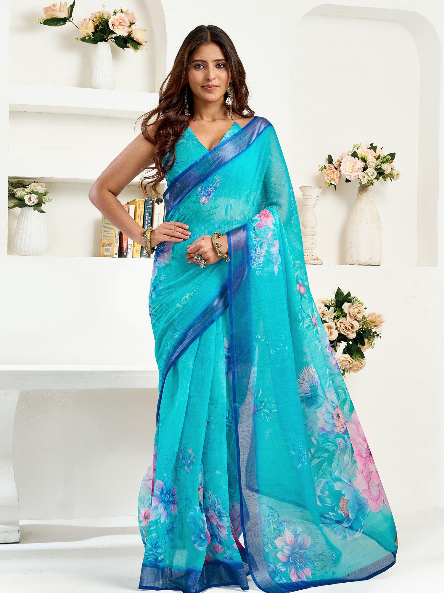 Women Turquoise  Linen Floral Saree