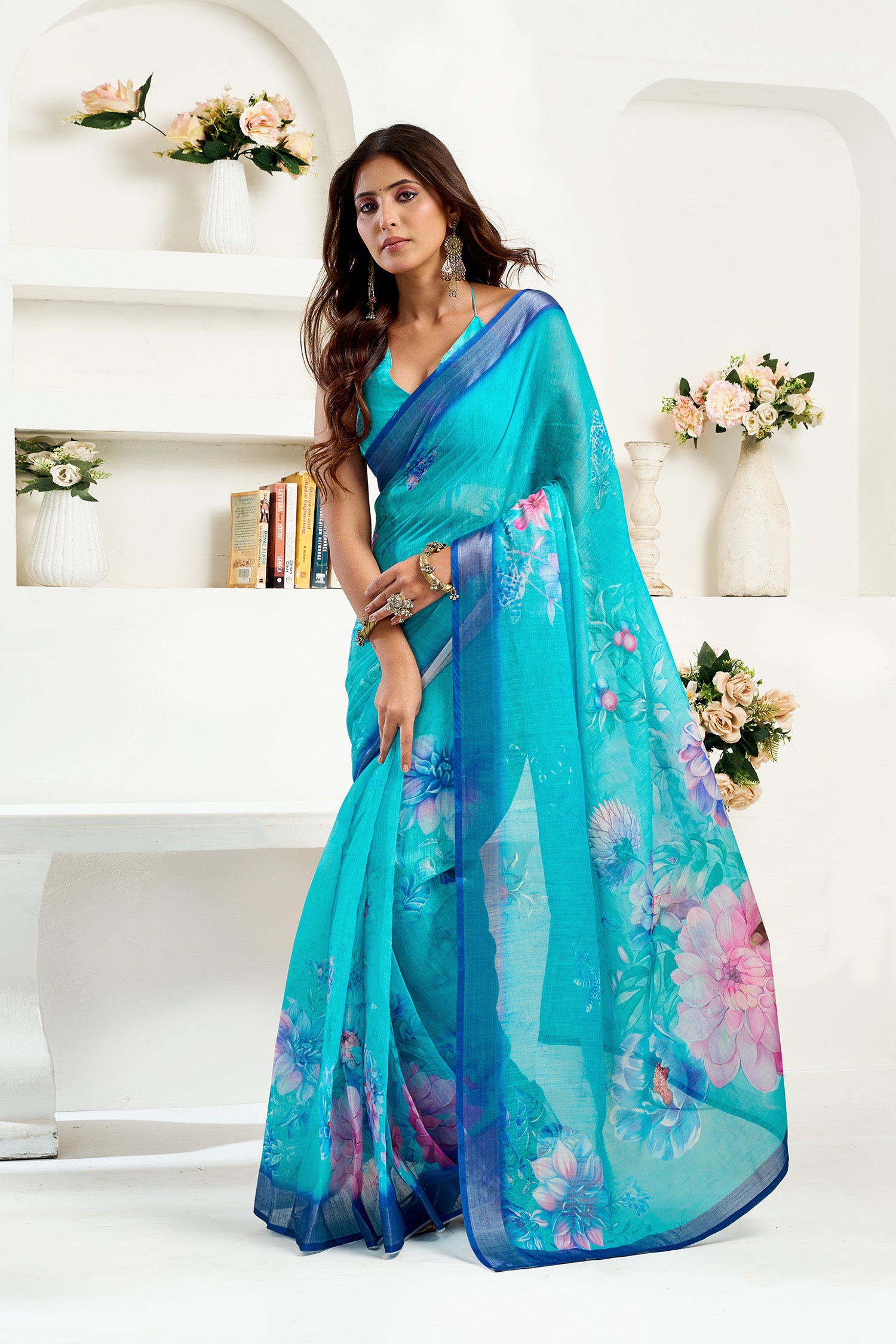 Women Turquoise  Linen Floral Saree