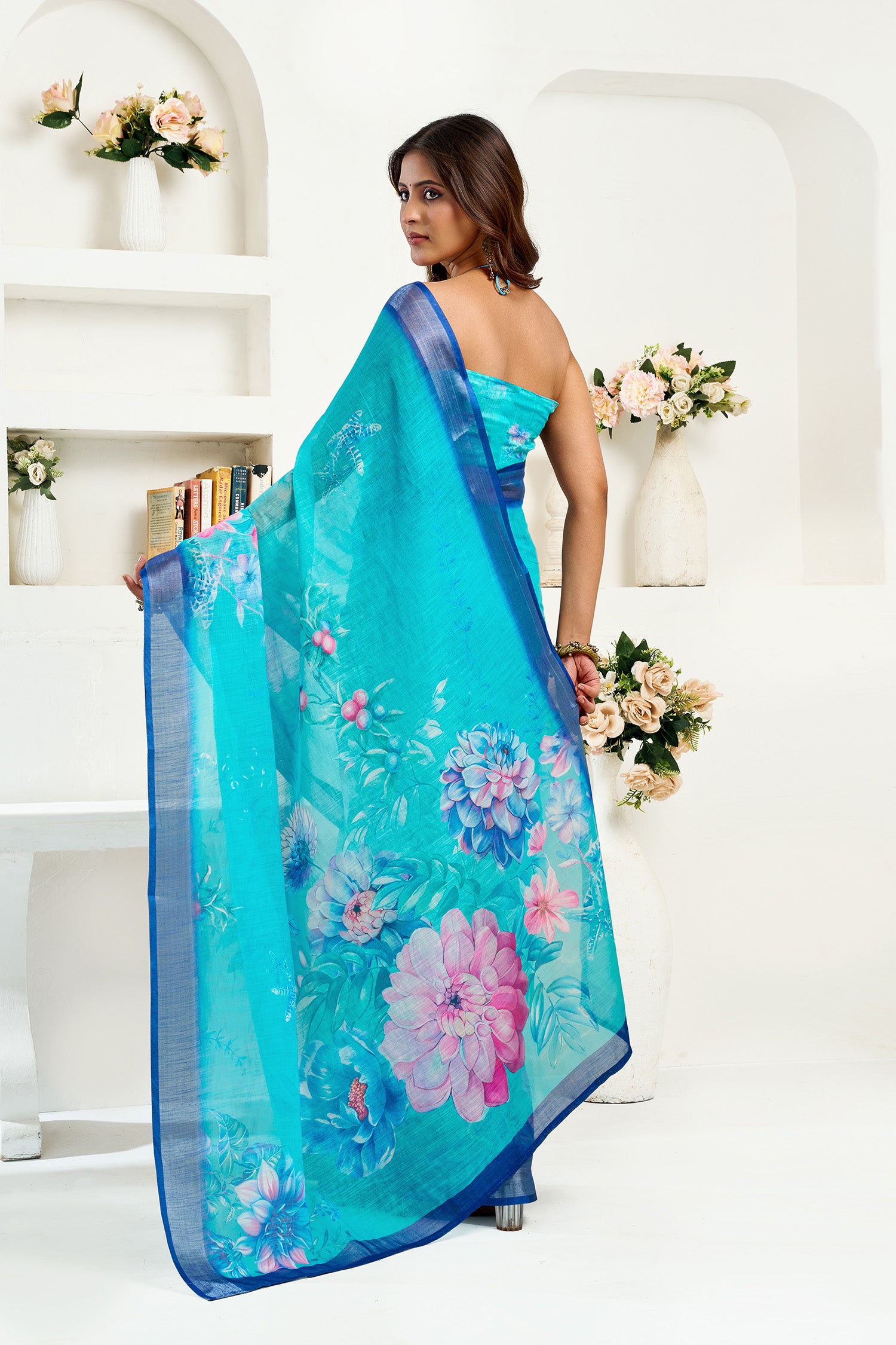 Women Turquoise  Linen Floral Saree