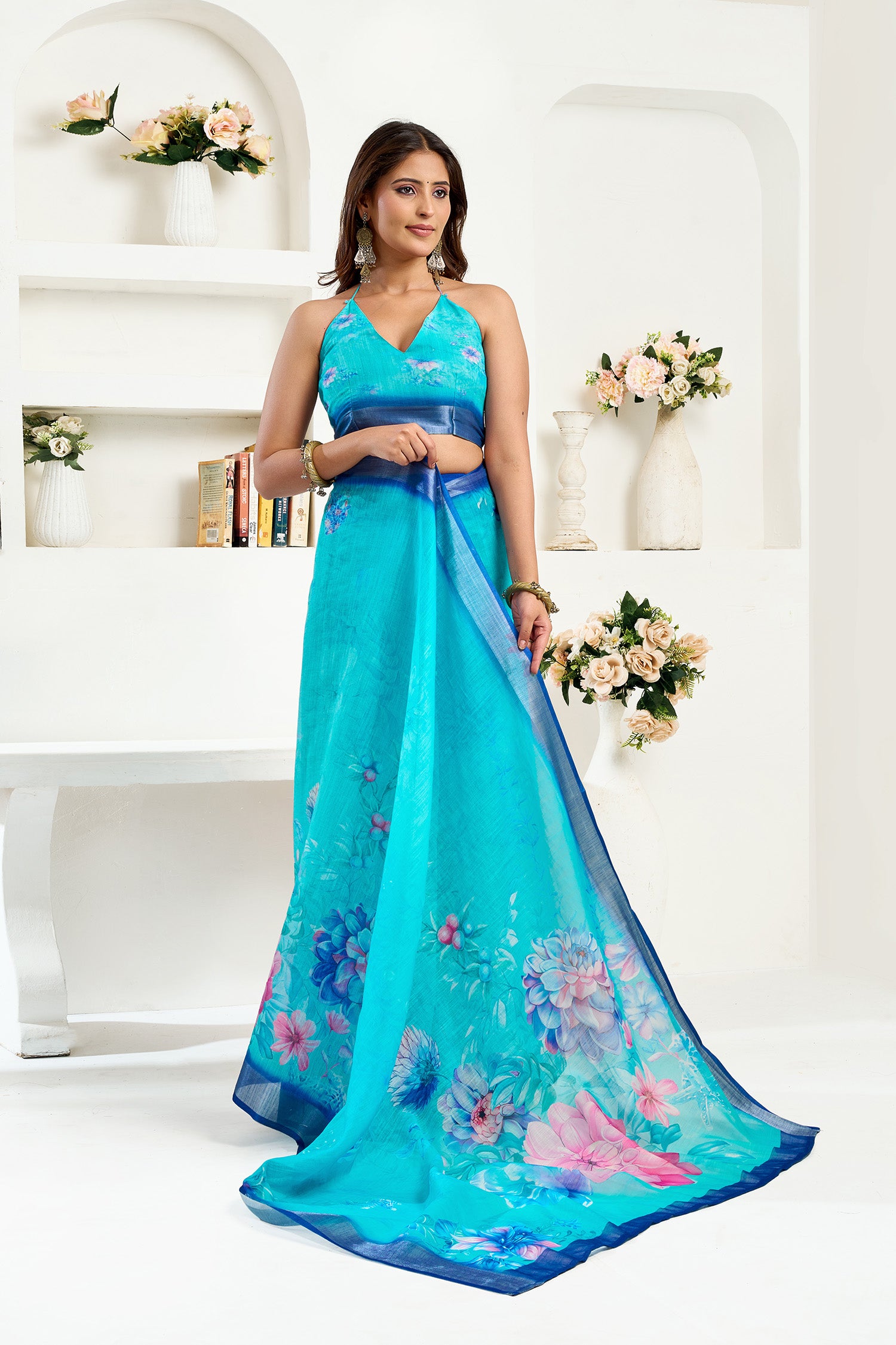 Women Turquoise  Linen Floral Saree