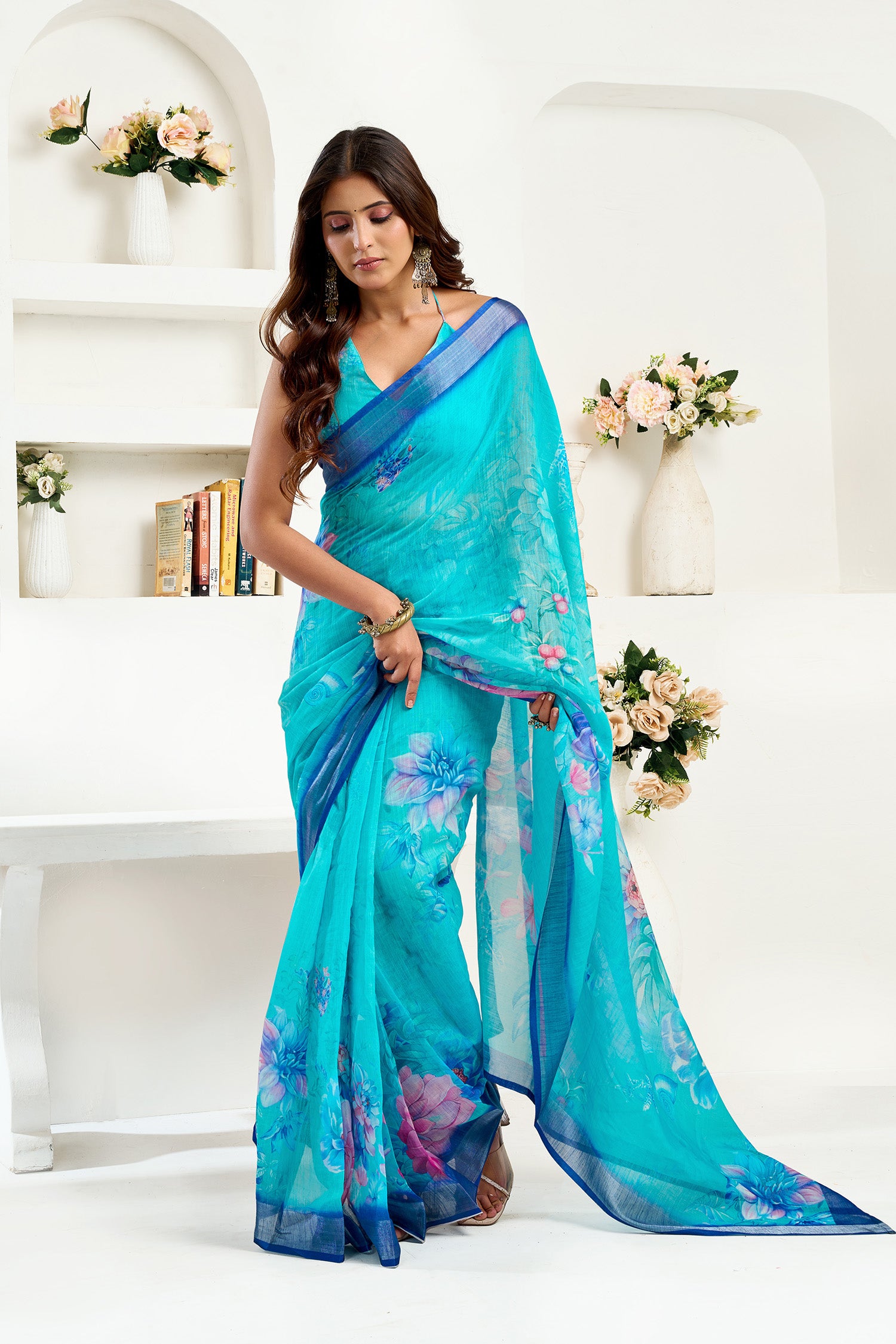 Women Turquoise  Linen Floral Saree