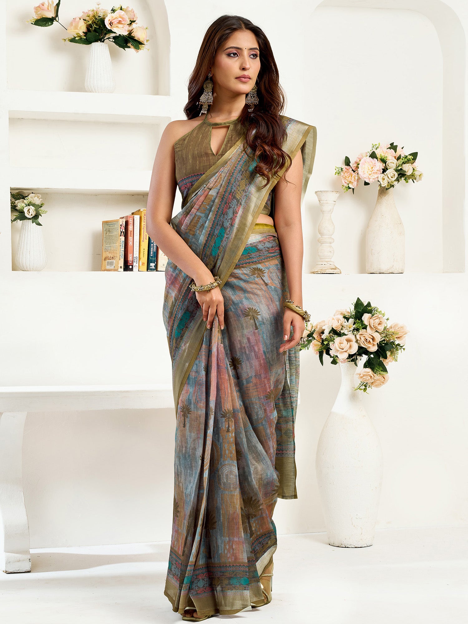 Women Dusty Green Linen Floral & Ethnic Motifs Saree