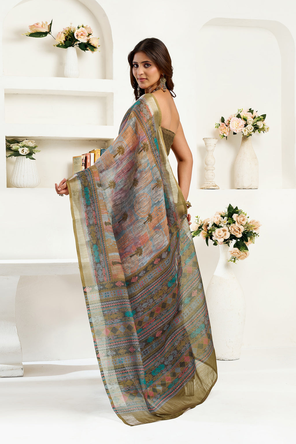 Women Dusty Green Linen Floral & Ethnic Motifs Saree