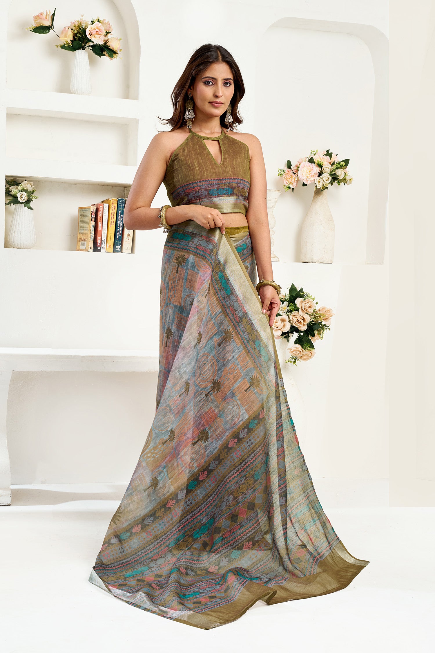 Women Dusty Green Linen Floral & Ethnic Motifs Saree