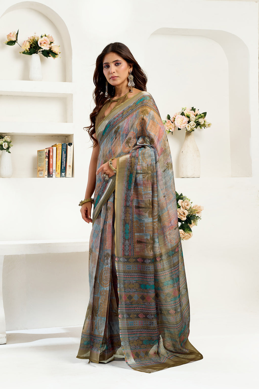 Women Dusty Green Linen Floral & Ethnic Motifs Saree