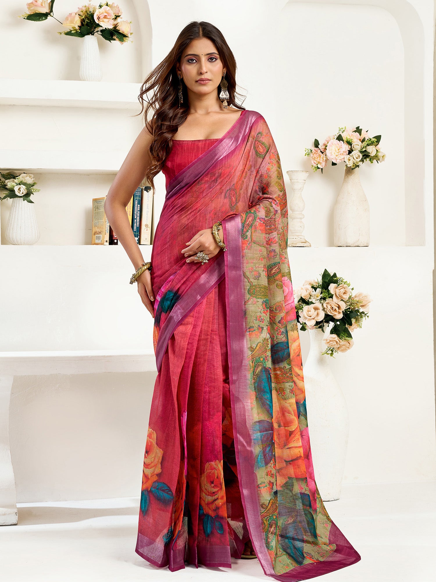 Women Onion Pink Linen Floral Saree