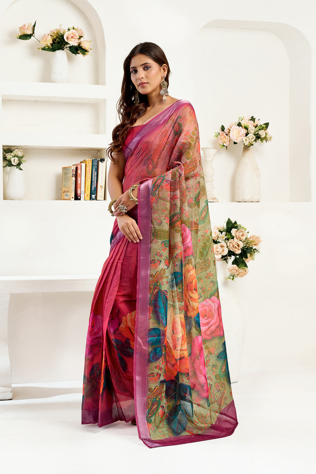 Women Onion Pink Linen Floral Saree