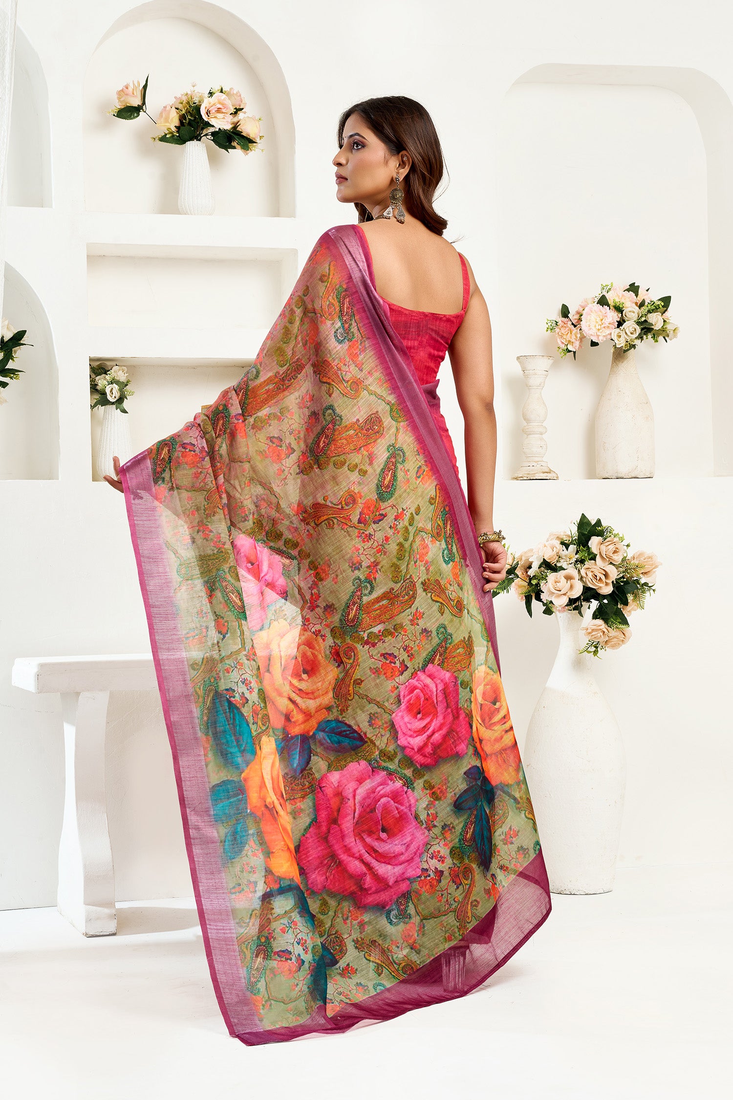 Women Onion Pink Linen Floral Saree