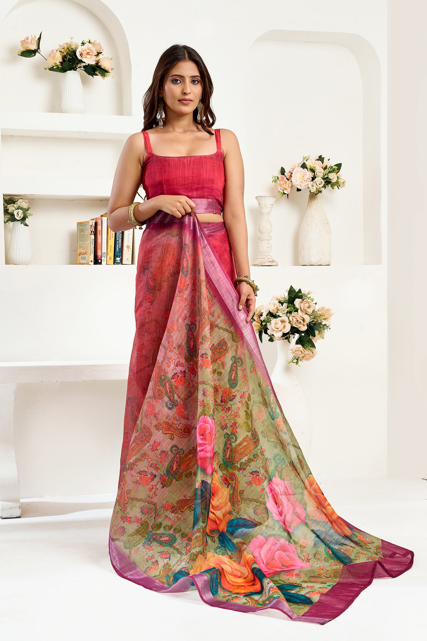Women Onion Pink Linen Floral Saree