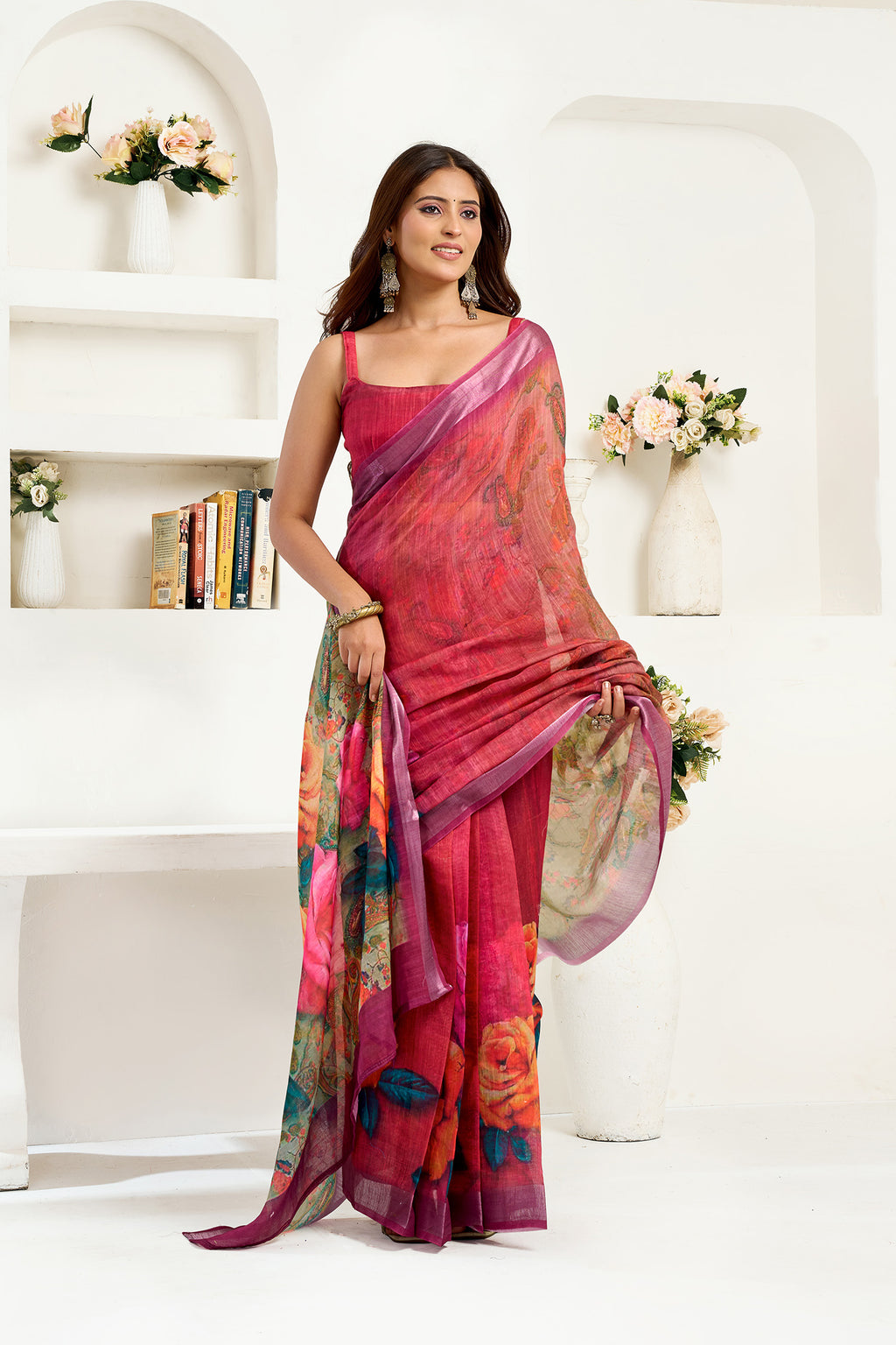 Women Onion Pink Linen Floral Saree