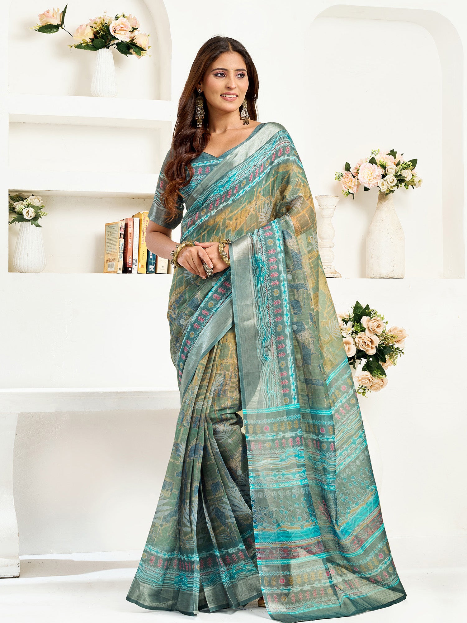 Women Petrol Linen Ethinic Motifs Saree