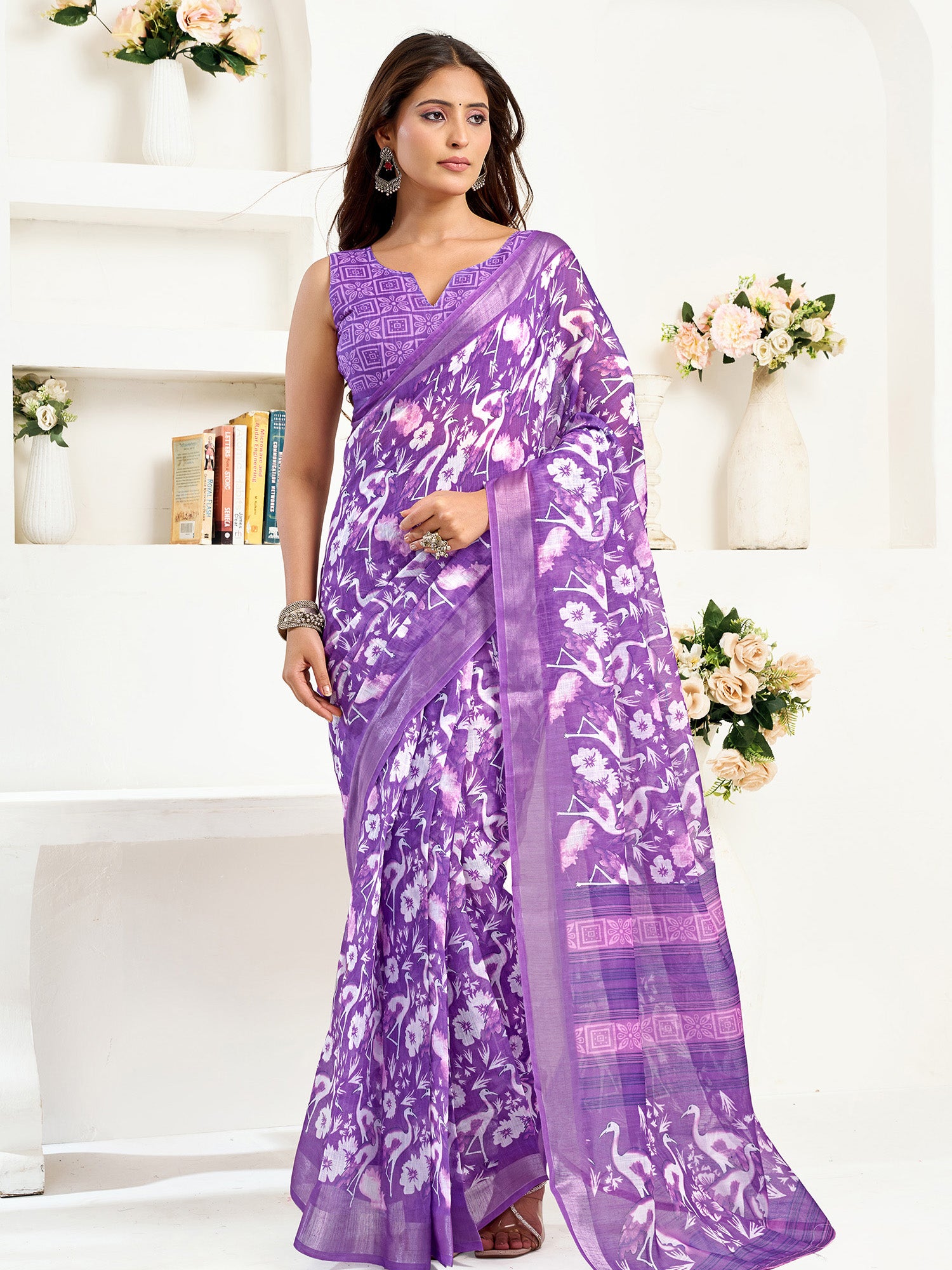 Women Purple Linen  Floral and Bird Motifs Saree