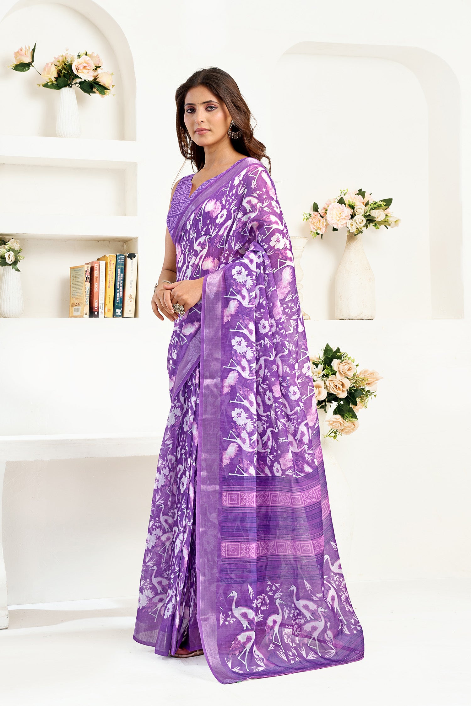 Women Purple Linen  Floral and Bird Motifs Saree