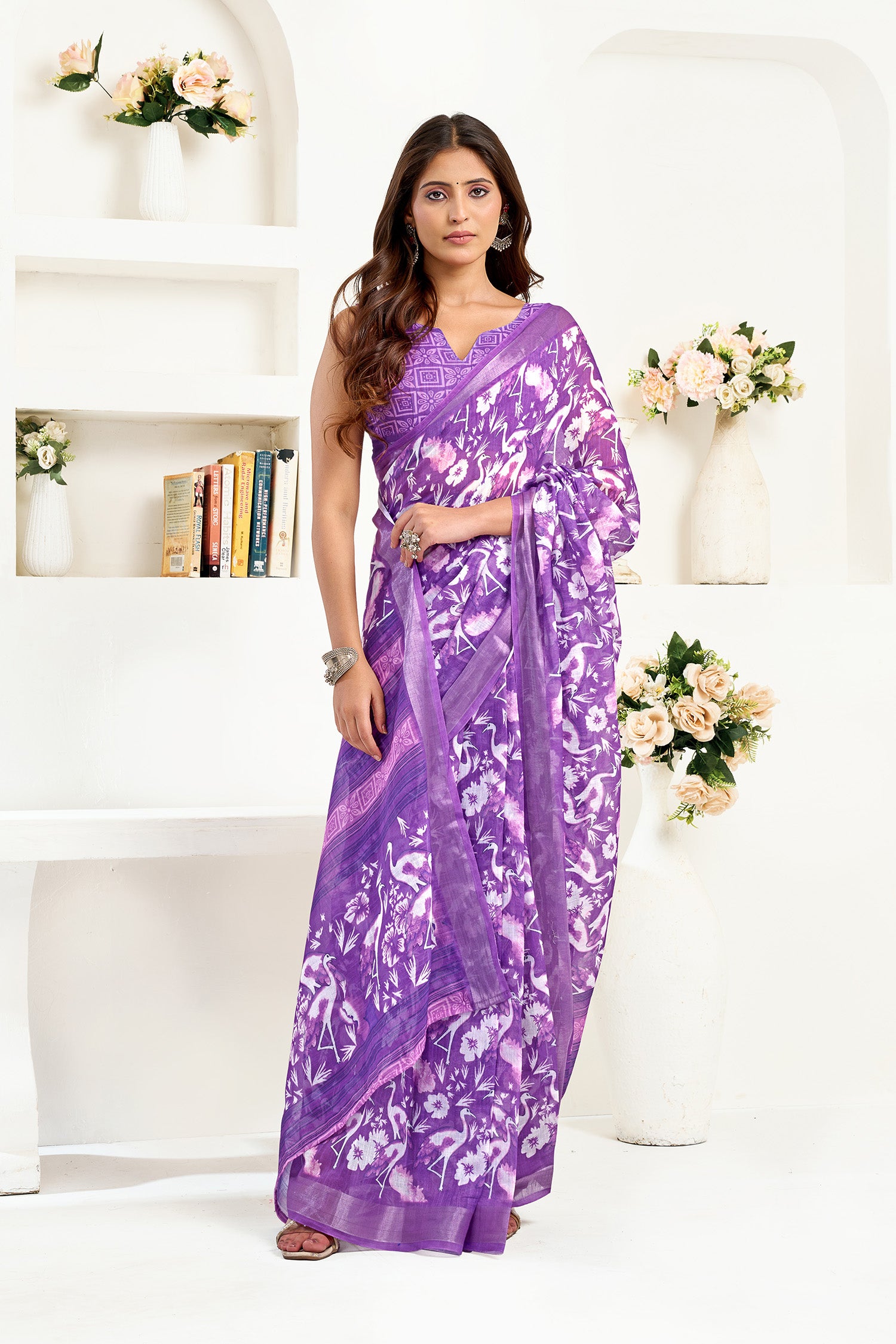 Women Purple Linen  Floral and Bird Motifs Saree